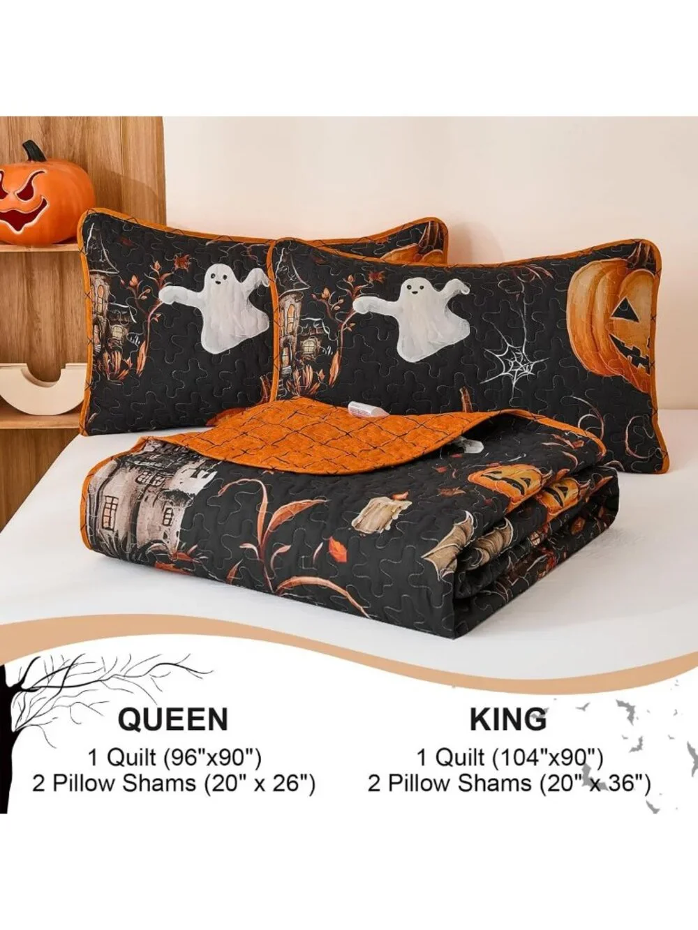 King Size Halloween Quilt Set - 3 Piece Fall Black Bedspread for Cozy Decor
